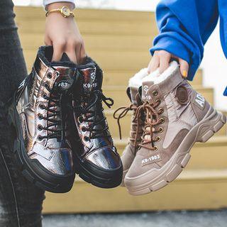 Lettering Paneled Lace-up Short Snow Boots