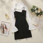 Bell-sleeve Shirt / Mini Sheath Overall Dress / Set