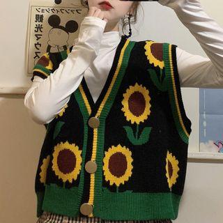 Floral Printed Vest / Long-sleeve Plain Top