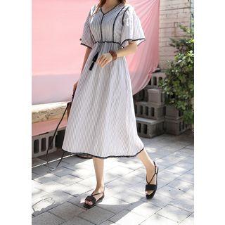 Tasseled Pompom-trim Stripe Long Dress Ivory - One Size