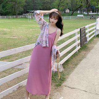 Spaghetti Strap Midi A-line Dress / Floral Print Shirt / Set