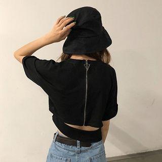 Plain Crewneck Lattrce Back Short-sleeve T-shirt