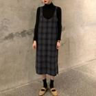 Turtleneck Knit Top / Sleeveless Plaid Midi Dress