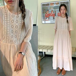 Lace-panel Crinkled Maxi Dress