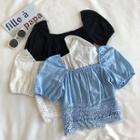 Plain Square-neck Eyelet-lace Puff-sleeve Blouse