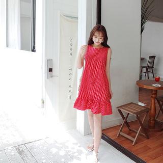 Sleeveless Ruffle-hem Polka-dot Dress