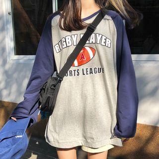 Long-sleeve Raglan Printed T-shirt Dark Blue & Gray - One Size