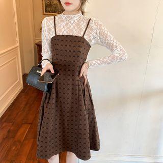 Spaghetti Strap Bow Print Midi A-line Dress