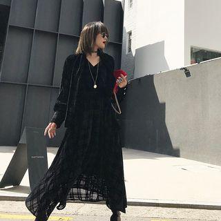 Long-sleeve Plaid Midi Velvet Dress