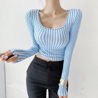 U Neck Plaid Long-sleeve Top