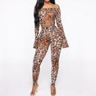 Leopard Print Off-shoulder Long-sleeve Skinny Jumpsuit