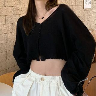 Long-sleeve V-neck Plain Ruffle Trim Cropped Cardigan