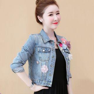 Mesh Floral Washed Cropped Denim Jacket