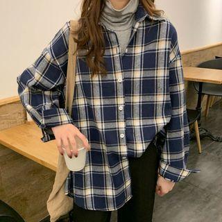 Set : Plaid Long-sleeve Shirt + High-neck Top