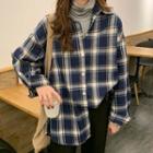 Set : Plaid Long-sleeve Shirt + High-neck Top