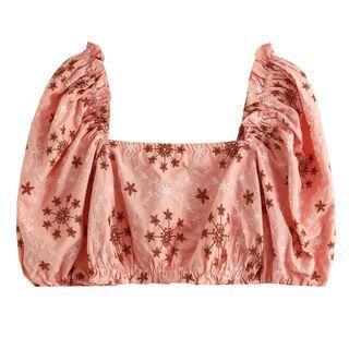 Puff-sleeve Star Embroidered Crop Blouse