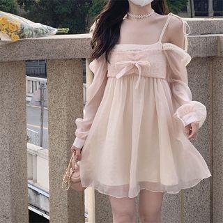 Long-sleeve Lace Trim Mini A-line Dress Almond - One Size