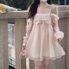 Long-sleeve Lace Trim Mini A-line Dress Almond - One Size