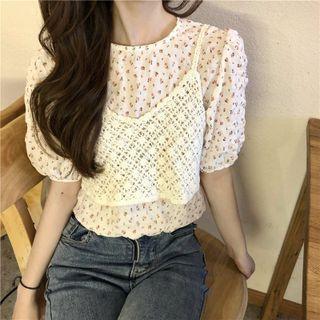 Short-sleeve Floral Print Blouse / Eyelet Cropped Camisole Top