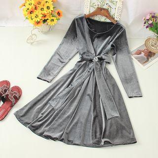 Tie Waist Velvet Long-sleeve A-line Dress