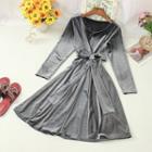 Tie Waist Velvet Long-sleeve A-line Dress