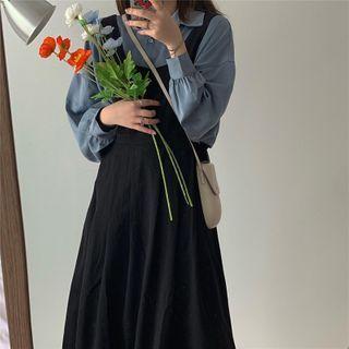 Long-sleeve Plain Shirt / Midi A-line Pinafore Dress