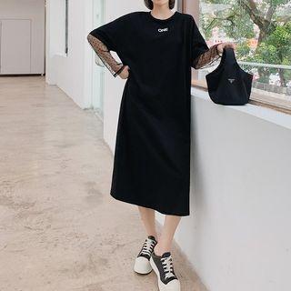 Long-sleeve Mesh Panel Midi T-shirt Dress