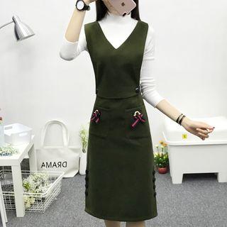 Set : Mock-neck Knit Top + Sleeveless Dress