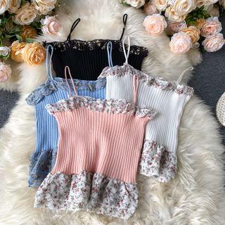 Floral Print Ruffle Ribbed Knit Camisole Top