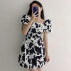 Puff-sleeve Cow Print Mini A-line Dress Black & White - One Size