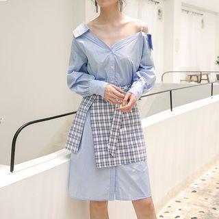 Set: Long-sleeve Cold Shoulder Shirt Dress + Plaid Mini Skirt