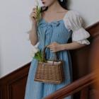 Set: Puff-sleeve Gingham Midi A-line Dress + Headpiece