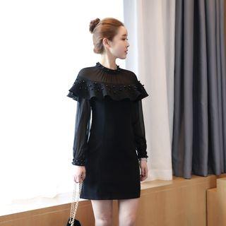 Embellished Ruffle Mesh Panel Dress