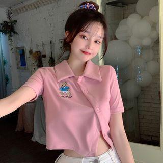 Short-sleeve Collared Bear Embroidered Cropped T-shirt