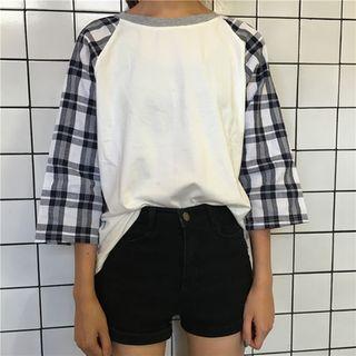 3/4 Sleeve Plaid Panel T-shirt