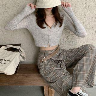 Plaid High-waist Wide-leg Pants / Cropped Knit Cardigan