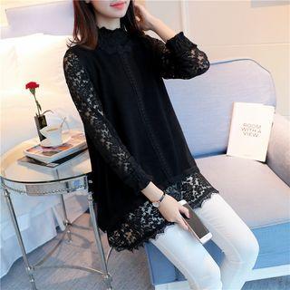 Set: Mock Neck Long Sleeve Lace Top + Knit Vest