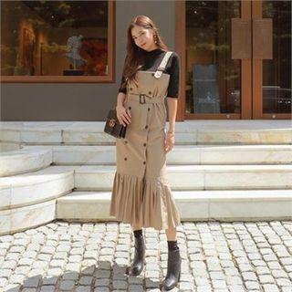 Double-breasted Pleat-hem Maxi Dress Beige - One Size