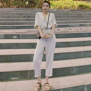 Elbow-sleeve Drawstring Waist Jumpsuit