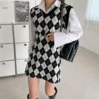 V-neck Argyle Knit Vest & Mini A-line Skirt Set
