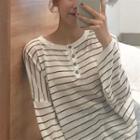 Striped Long-sleeve Loose-fit Knit Top White - One Size