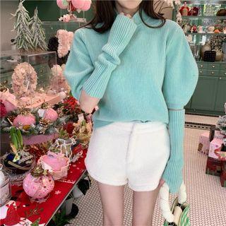 Set: Puff-sleeve Mock-neck Sweater + Arm Sleeves