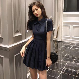 Short Sleeve Plain Polo Pleated Dress