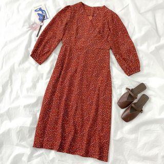 Floral Print Long-sleeve Midi A-line Chiffon Dress As Shown In Figure - One Size