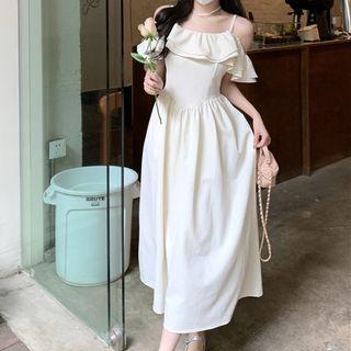 Cold-shoulder Plain Spaghetti-strap Midi Dress