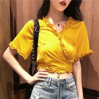 Ruffled Short-sleeve Cropped Wrap Top