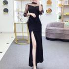 Mesh Panel Long-sleeve Sheath Evening Gown