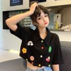 Short-sleeve Cartoon Embroidered Cropped Shirt Black - One Size