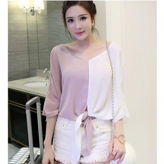 Tie-hem Two-tone Chiffon Blouse