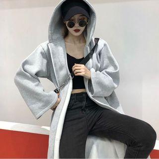 Long Plain Cardigan With Hood Gray - One Size